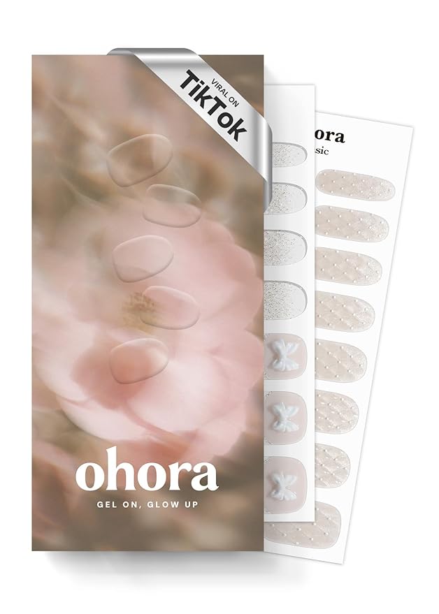ohora Semi Cured Gel Nail Strips (N Grace Bloom) - White, Gem, Works with Any UV/LED Lamps, Salon-Quality, Long Lasting, Easy to Apply & Remove - Includes 2 Prep Pads, Nail File & Wooden Stick