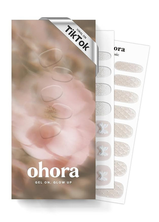 ohora Semi Cured Gel Nail Strips (N Grace Bloom) - White, Gem, Works with Any UV/LED Lamps, Salon-Quality, Long Lasting, Easy to Apply & Remove - Includes 2 Prep Pads, Nail File & Wooden Stick