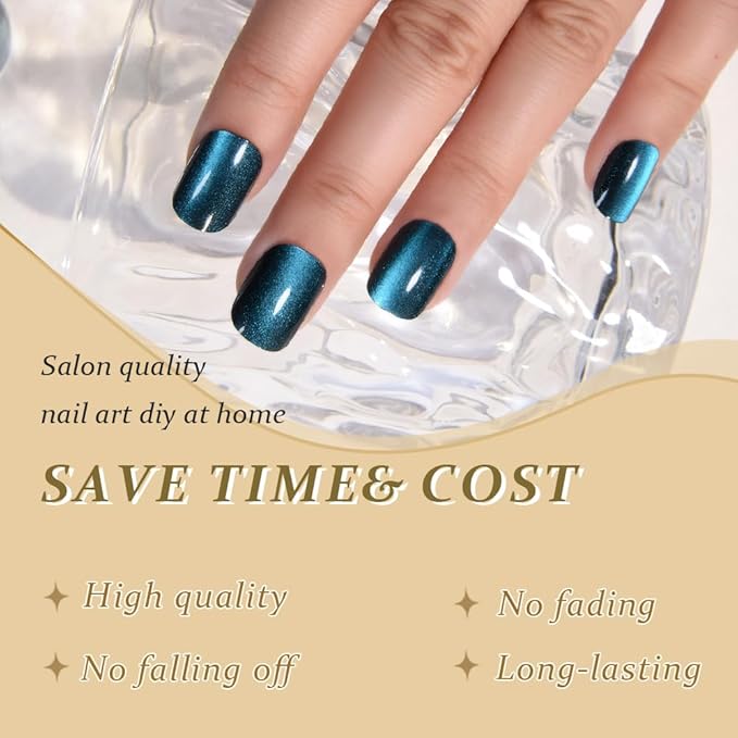 Peacock Blue Cat Eye Short Press on Nails Square, Blue Short Square Glue on Nails for Women Gift, Metallic Glitter Glossy Reusable Spring Summer Stick Gel Press on Acrylic Fake Nail with Designs 03