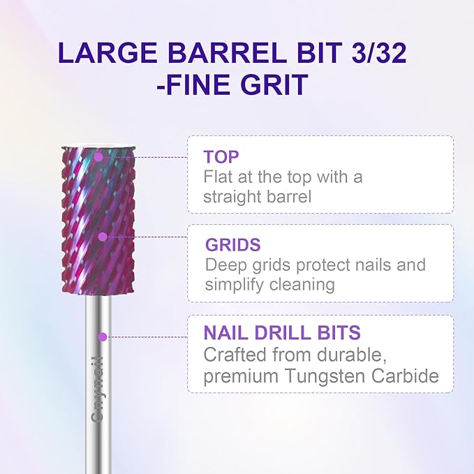 3/32" Large Barrel Bit Tungsten Carbide Nail Drill Bit Safety Bit for Gel & Acrylic Removal, 2- Way Rotating Efile Tip, Salon Electric File Accessory (XXC Girt, Purple)