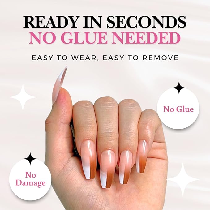 Perfect Look Press On Nails - Chic Glaze | No Glue One-Day Long Coffin Nails, Glossy Pink Swirl French Fake Nails - 24 Pcs Nail Kit with Adhesive Tabs