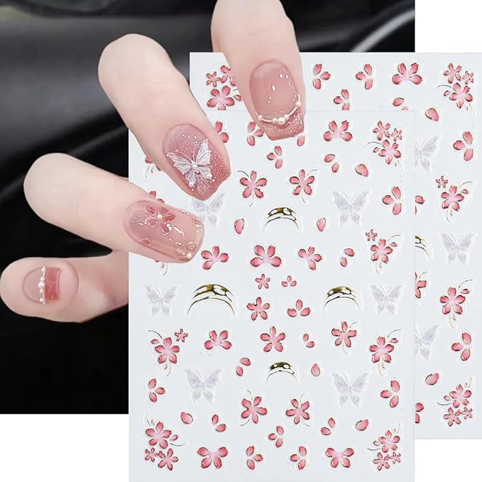 4 Sheets Pink Flower Nail Stickers for Nail Art Cherry Blossom Petals Nail Art Stickers Golden French Tip with Pink Floral Blossom Design Spring Summer Nail Decals Nail Supplies for Acrylic Manicure