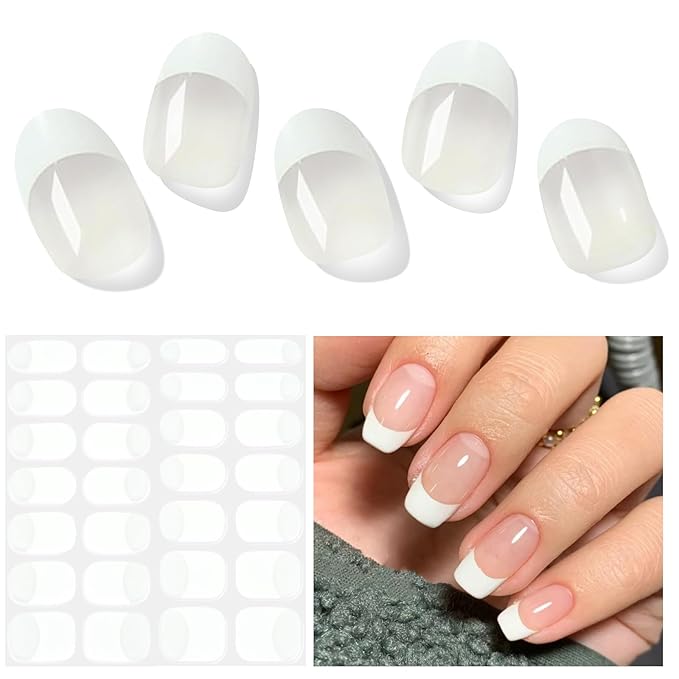 Semi Cured Gel Nail Strips, Classic French | 28 pcs Gel Nail Strips Work with Any UV Lamp, Salon Quality UV Nails Stickers, Easy to Apply for Home Nails DIY