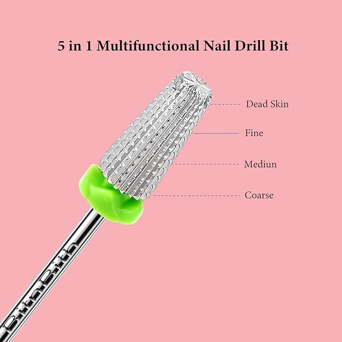 5 in 1 Nail Drill Bits, 3/32”Professional Carbide Drill Bits for Nails Multifunction Bit, Fast Remove Acrylic Hard Gel Cuticle Nail Efile Bit Manicure Pedicure,Two Way Rotate,Coarse
