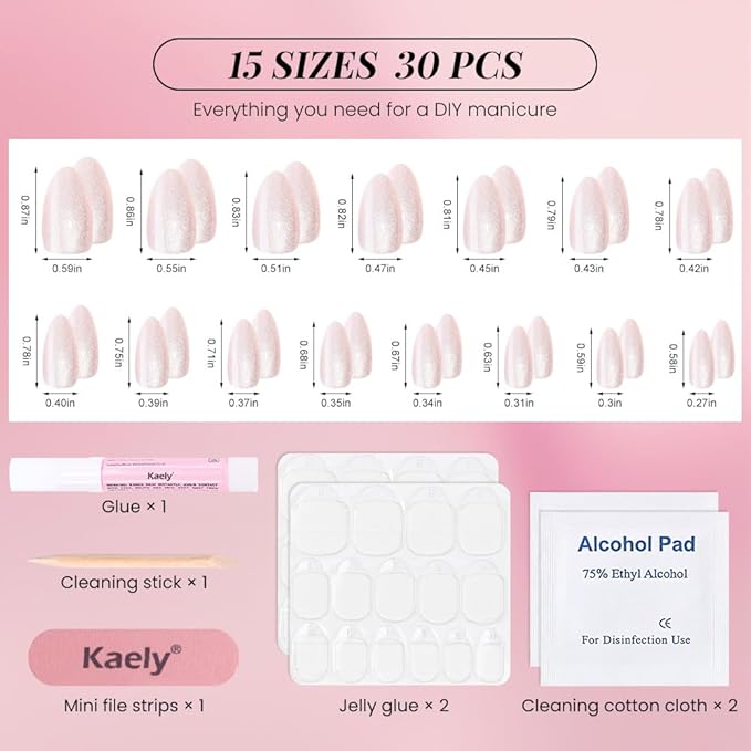Cat Eye Press on Nails Almond Short, Cat Eye Stick on Nails Press on, Pearl White Nude Pink Glitter Short Almond Press Glue on Nail, Fake Nails Press ons with glue 60Pcs Reusable Acrylic Fake Nail Kit