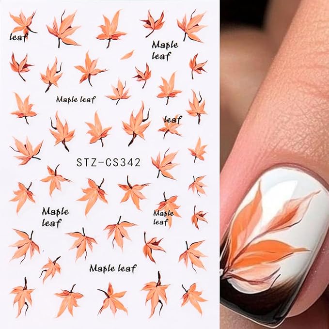 Maple Leaves Nail Stickers 6PCS Fall Maple Leaf Nail Decals 3D Self-Adhesive Red Orange Leaves Nails Design Nail Supplies Fall Stickers for Nails Thanksgiving Day Nail Decals for Women DIY Manicure