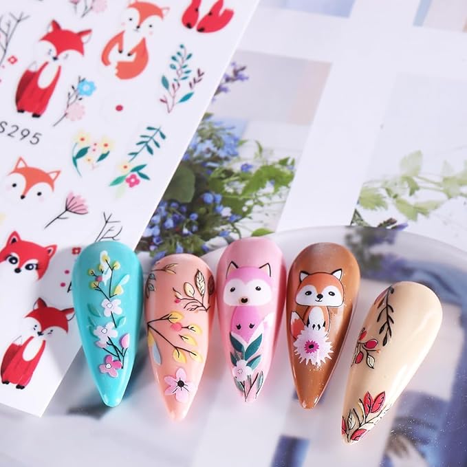 Fall Nail Art Stickers Autumn Leaf Pumpkin Nail Stickers 6PCS 3D Self-Adhesive Foxes Leaves Floral Pumpkin Design Nail Decals Nail Art Supplies Fall Sticker Sliders for Nails DIY Manicure Decorations