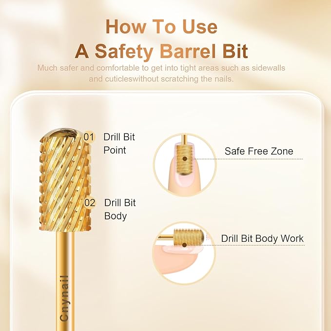 3/32" Large Barrel Smooth Round Top Tungsten Carbide Nail Drill Bit Safety Bit for Gel & Acrylic Removal, 2-Way Rotating Efile Tip, Salon Electric File Accessory (2XC Grit, Gold)