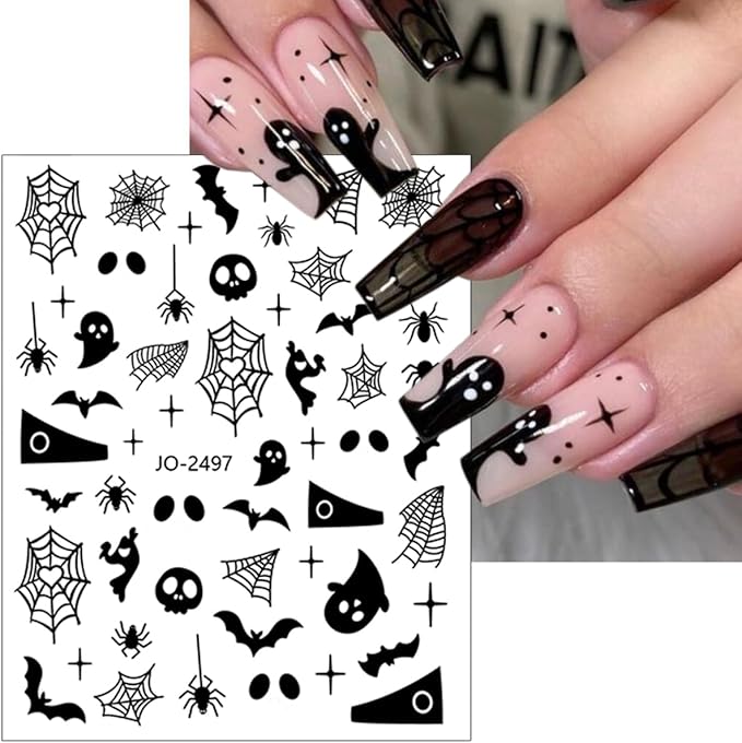6 Sheet Halloween Nail Stickers Spider Web Spiders Nail Decals 3D Self-Adhesive Design Spooky Bat Snake Skull Nail Art Stickers Silver Black Scary Ghost Nail Art Supplies for Halloween Nail Decoration