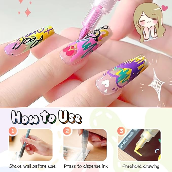 24 Colors Nail Art Pens for Painting Nails, 0.7mm Acrylic Paint Makers DIY Nail Art Markers for Kids and Adults, Quick-drying Nail Polish Pens Doodle Pens for Drawing Point Liner