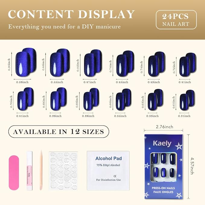 Royal Blue Cat Eye Press on Nails Medium Square, Medium Square Press Glue on Nails Chrome for Women Gift, Blue Holographic Glitter Glossy Reusable Soft Gel Acrylic Fake Nail with Designs Cateye Effect