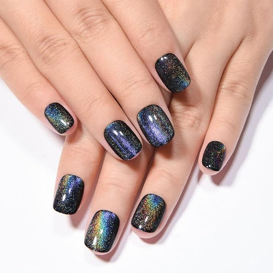evpct Black Chrome Cat Eye Short Press on Nails Square, Short Square Glue on Nails for Women Gift, Black Metallic Glitter Glossy Reusable Spring Summer Stick Gel Press on Acrylic Fake Nail with Design