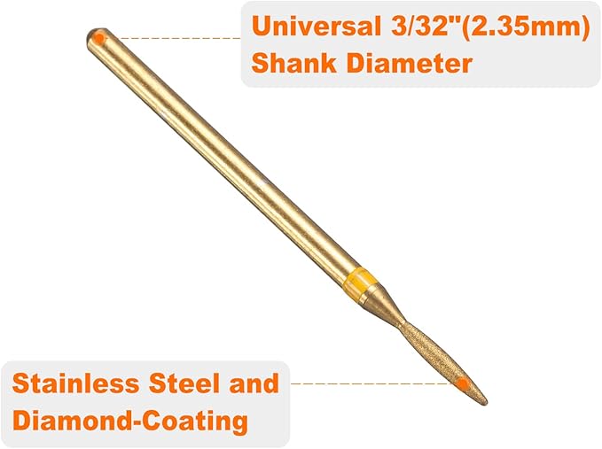 HARFINGTON 8pcs 325-400 Grits Diamond Grinding Bit 1.6mm Oval Head 2.35mm Shank 8mm Length Titanium Plated Stone Sanding Drill Bits Rotary Tool for Nails Grinding Polishing