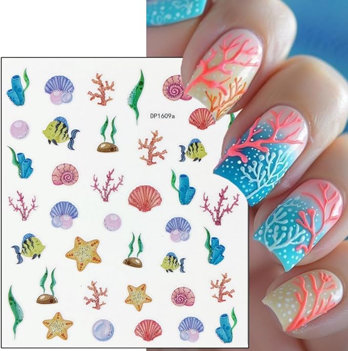 6Pcs Summer Nail Stickers for Nails Art 3D Self Adhesive Beach Nail Decals Tropical Octopus Crab Sea Turtle Shell Design Ocean Nail Supplies Accessories Seahorse Starfish Nail Art Stickers for Women