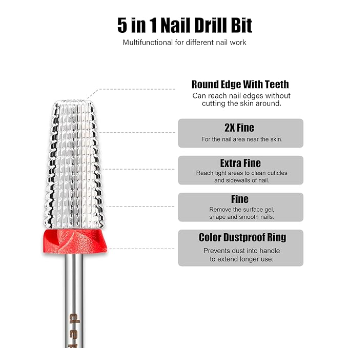 Depvko Super Long 5 in 1 Nail Drill Bits, 3/32'' Carbide Tungsten Bits, Two Way Rotate Professional Advanced Safety Bits for Nail, Fast Remove for Manicure Pedicure (Classic 5in1-Silver, Fine-F)