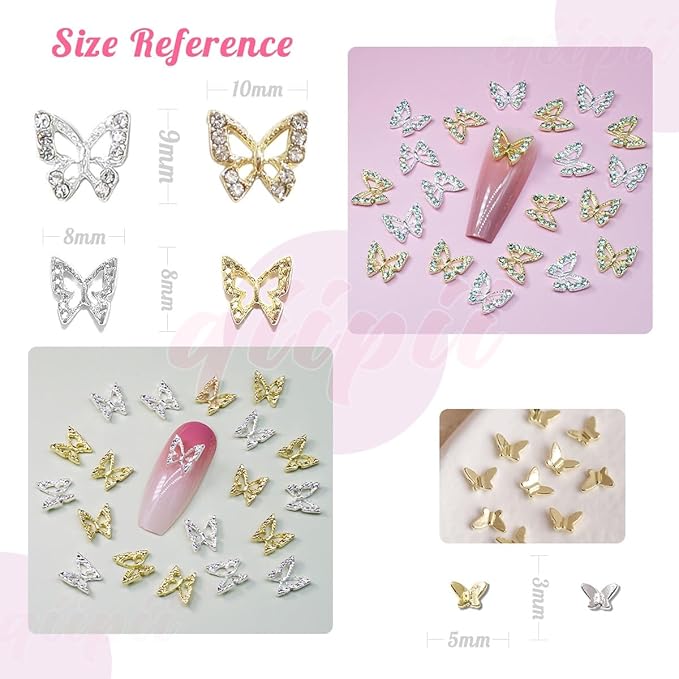 Butterfly Nail Charms, 110pcs 3D Golden Silver Butterfly Charms for Acrylic Nails, 10 Butterflies Nail Rhinestones Gems Charms +100 Alloy Studs, Nail Art Crystals Diamonds Decor Supplies for Nails DIY