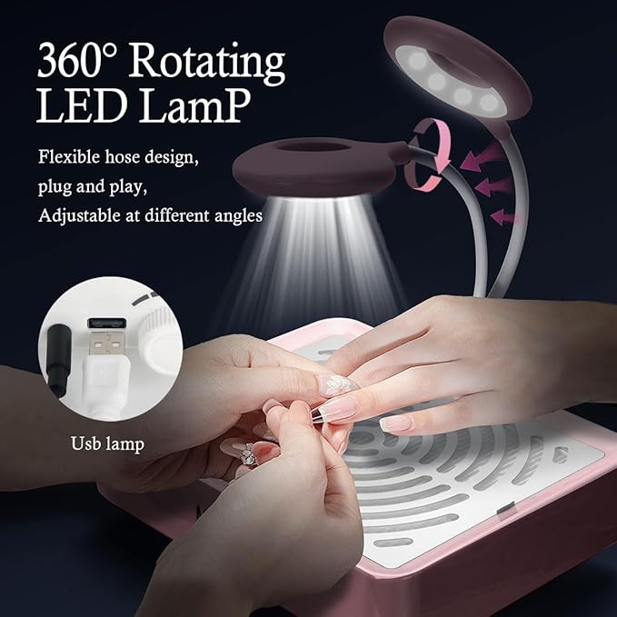 Nail Dust Collector with Lamp Powerful Nail Vacuum Fan, Pink Dust Collector Extractor, Electric Dust Suction Machine for Acrylic Gel Nails Polishing Low Noise