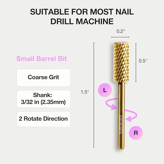 Curacoro Nail Drill Bits 3/32'' - Small Barrel Carbide Bit (Coarse) for Professional Finish, Precisely Remove, Shape & Smooth Acrylic or Gel Nails, Nail Art Pedicure Manicure Salon & Home