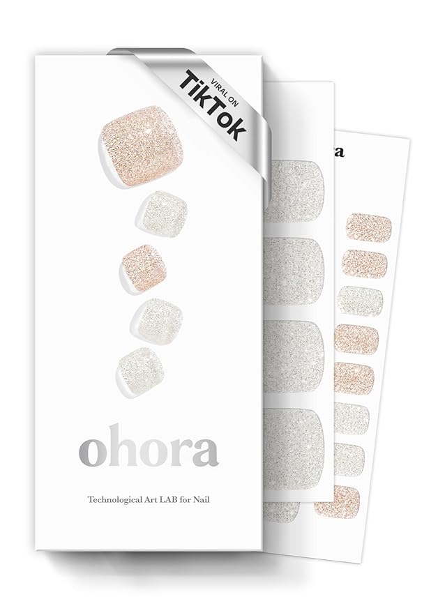 ohora Semi Cured Gel Nail Strips (P Aura) - Nude, Glitter, Works with Any UV/LED Lamps, Salon-Quality, Long Lasting, Easy to Apply & Remove - Includes 2 Prep Pads, Nail File & Wooden Stick
