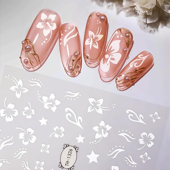 White Flower Nail Stickers for Nail Art, Spring Nail Stickers Decals Self Adhesive Floral Nails Sticker for Women Nails Art Sticker Decoration