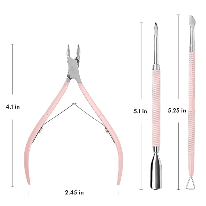 Makartt Cuticle Trimmer with Cuticle Pusher, 3 PCS Pink Nail Cuticle Nipper Professional Pedicure Manicure Tools with Stainless Steel Dual End Pusher, Nail Scraper