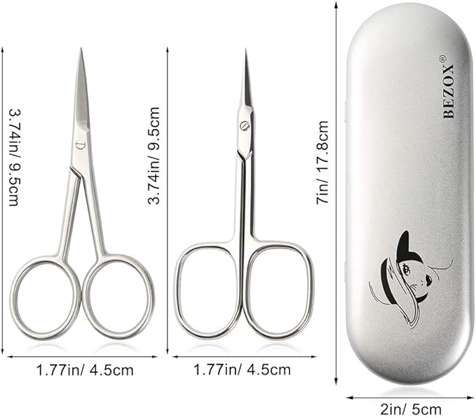 BEZOX Small Scissors 2 PCS Set - Nail Cuticle Scissors/Manicure Scissors Kit - Straight and Curved Blade Beauty Scissor for Beard/Mustache, Nose Hair, Ear Hair, Eyelashes and Eyebrow Trimming