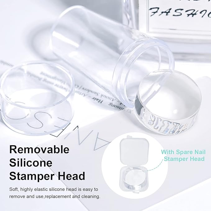 X&D Nail Art Stamper Clear Jelly Nail Art Stamping Transparent Silicone Rubber Nail Polish Stamper with Acrylic Scraper, Spare heads, Stainless Steel Plate Kit for French Tips and Transfer Images B