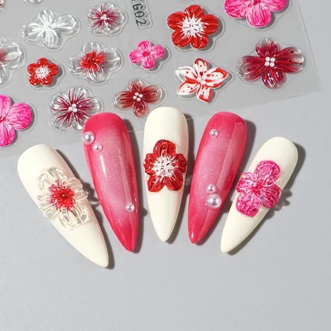 Flower Nail Art Stickers, 5D Embossed Hibiscus Flower Nail Decals Colorful Aurora Gradient Ice Transparent Flowers Design Self-Adhesive Summer Stickers DIY Engraved Manicure Foils Nail Art 2 Sheets
