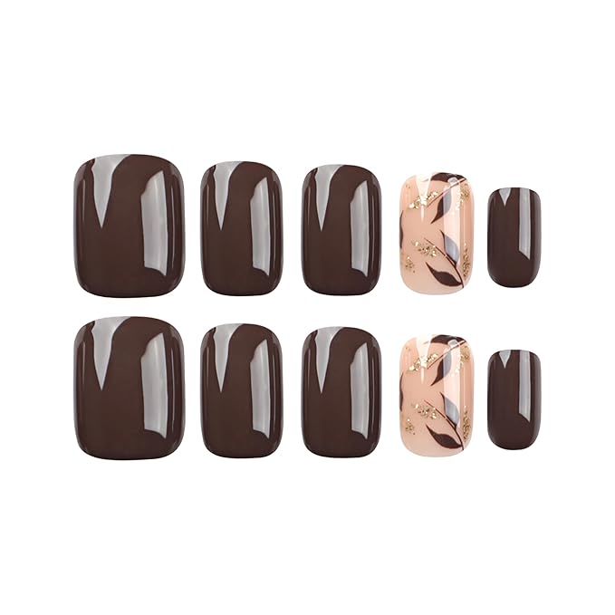 Dark Brown Press on Nails Short Square Fake Nails with Golden Leaf Accents Glitter Designs, Glossy Gel Finish Acrylic Short Fake Nails, Thick Natural Glue on Nails Kit for Women, 24Pcs