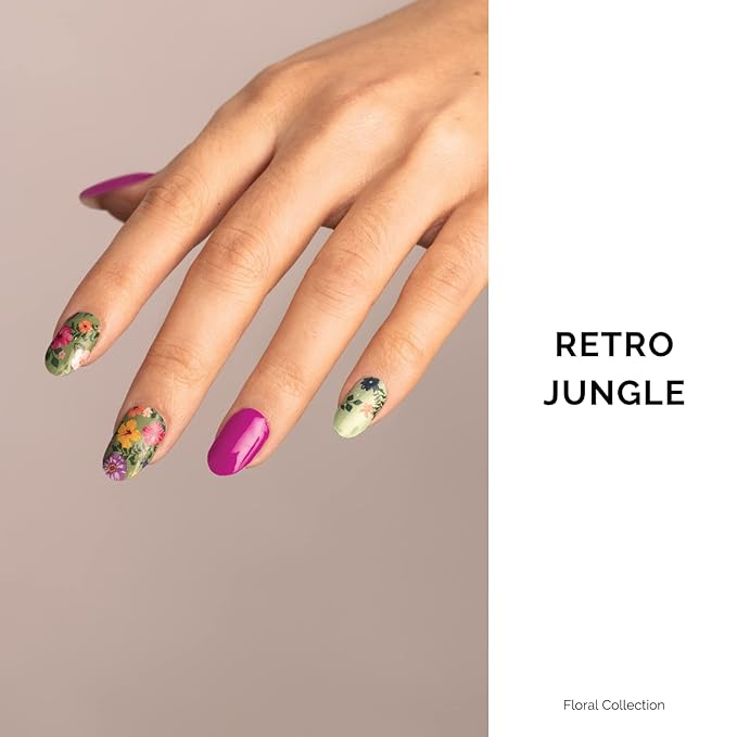 Nailog Semi Cured Gel Nail Strips 34 pcs| Long Lasting Nail Polish Sticker Wraps with Glossy Gel Finish, Retro Jungle
