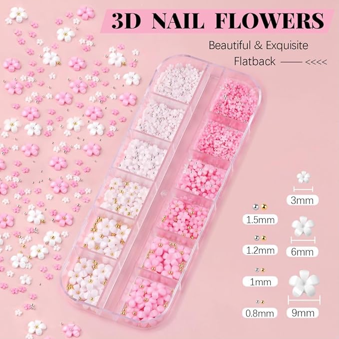 BELLEBOOST 3D Nail Flowers Charms,White Pink Acrylic Flower with Caviar Beads,Rhinestones for Nails 3D Nail Charms for Acrylic Nails for Manicure Salon DIY Nail Art Decor with Pickup & Dotting Tools