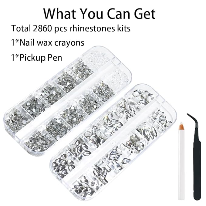 2680Pcs White Nails Rhinestones, 120Pcs Big Silver White Diamond Nail Gem Stones Charms with K9 Bling Flatback Round Beads, Clear Crystal Glass Jewelry for Nails Art Faces Eyes Makeup Decoration