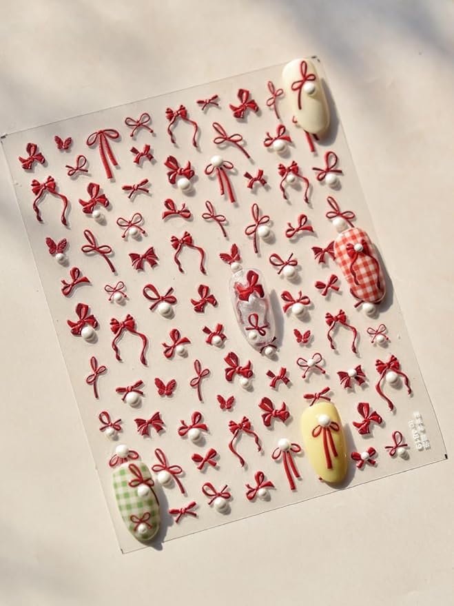 Red Bow Pearls Nail Stickers 5D Embossed – Premium Salon-Quality Nail Charm Accessories, Easy Application & Self-Adhesive Pearled Bows Decal for DIY Manicure, Nail Art, Press on, Home or Salon Use