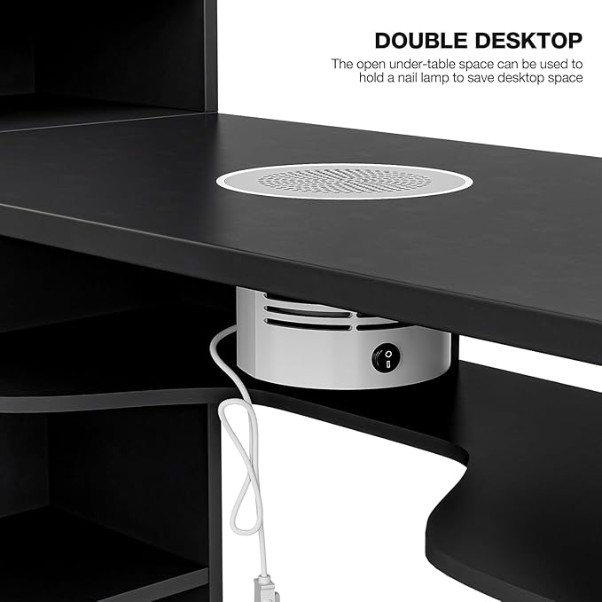 Manicure Table with Shelves, L-Shaped Nail Table Station w/Electric Downdraft Vent, Foldable Nail Arm Rest, Storage Cabinets, Drawers, Metal Handles & Legs for Nail Tech(Black New)