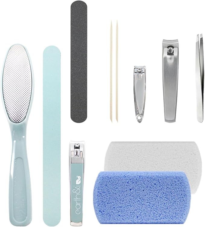 Earth & I Nail Clippers and Pumice Stones for Feet with Manicure Set, Foot Scrubber, Nail File, Nail Clippers, Pedicure Tools for Feet, Pedicure Tools Kit - Ocean Blue - 11 Ct