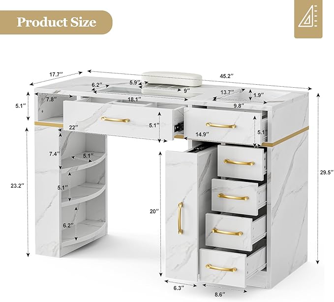 Nail Tech Table with Dust Collector, Glass Top Manicure Table Nail Desk Station w/7 Drawers & 3-Tiers Open Shelves, Nail Beauty Workstation w/Wrist Cushion & Golden Handles（Marble Color）