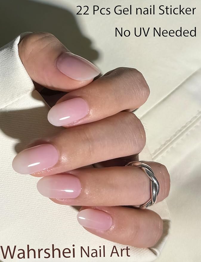 Gel Nail Strips No UV, Pink Ombre, UV Free, Long Lasting Gel Stickers - Contains 22 Wraps, 1 Prep Pad, 1 File