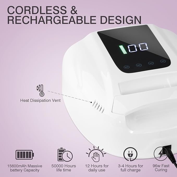 Rechargeable UV LED Nail Lamp, 96W Cordless Nail Dryer Wireless UV Gel Nail Polish Curing Light with 42 Beads LCD Smart Sensor 4 Timer Settings