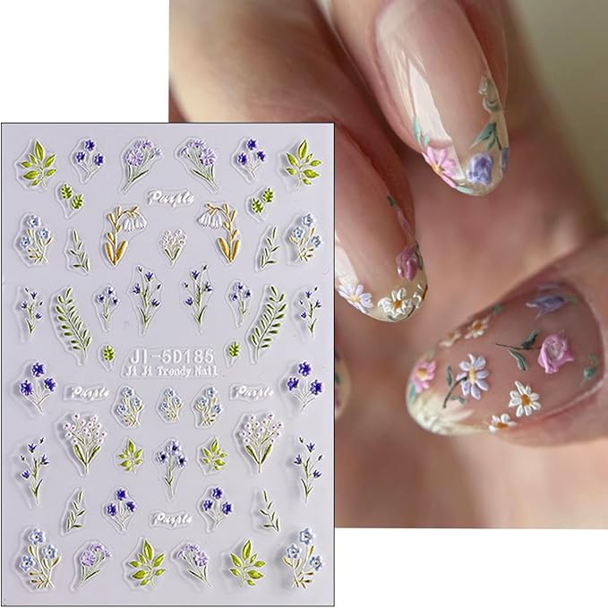 3Pcs Colorful Flower Nail Art Stickers 5D Self Adhesive Floral Nail Decals Embossed Daisy Nail Stickers Tulip Rose Nail Design Supplies Spring Summer Decoration Accessories for Women DIY Manicure