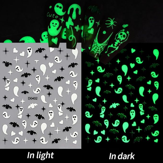6 Sheets Halloween Glow in The Dark Nail Art Stickers 3D Self-Adhesive Luminous Ghost Nail Stickers Halloween Scary Ghost Skull Spider Bat Fluorescent Designs Nail Decals for Women Nail Decoration