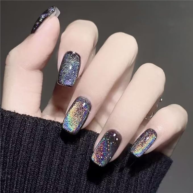evpct Black Chrome Metallic Cat Eye Press on Nails Square Medium, Glue on Nails Medium Length Square for Women, Black Metallic Nail press ons, Iridescent Glitter Halloween Acrylic Fake Press on Nail