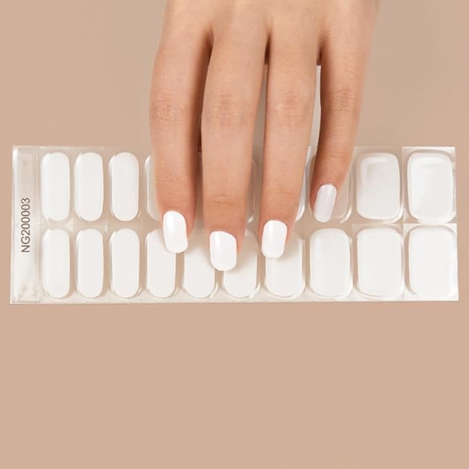 20pcs Semi Cured Gel Nail Strips, Real Nail Polish Art Stickers, Pure White Gel Nail Stickers - Work with Any UV Lamp, Long Lasting Full Wraps with Nails File and Stick