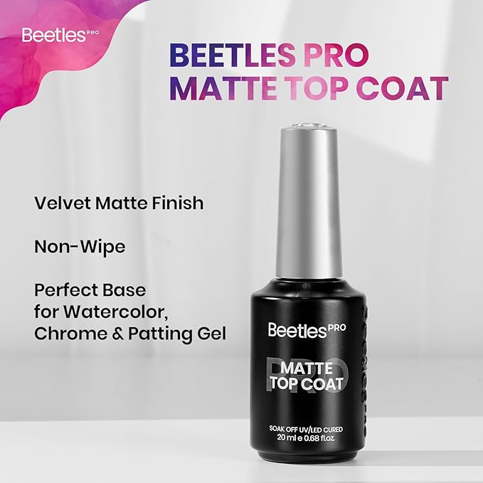 Beetles Pro Matte Top Coat Gel Nail Polish, 20ml 1 Pcs Matte Gel Top coat for Watercolor, Chrome & Patting Velvet Matte Finish Non-Wipe Powder-Resist Professional Salon Manicure