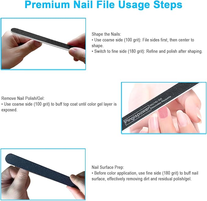 Nail File, 10PCS Professional Nail Files 100/180 Grit Emery Boards for Natural & Acrylic Nails, Double Sided Washable & Reusable Manicure Tools Kit for Women, Home & Salon Travel