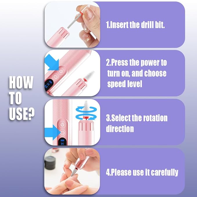 Pinkiou Electric Nail Drill, Cordless Electric Nail File ,Manicure Pedicure Kit for Acrylic,Gel Nails,Rechargeable Nail Drill,Professional Nail Grinder for Home Salon Use（Pink）