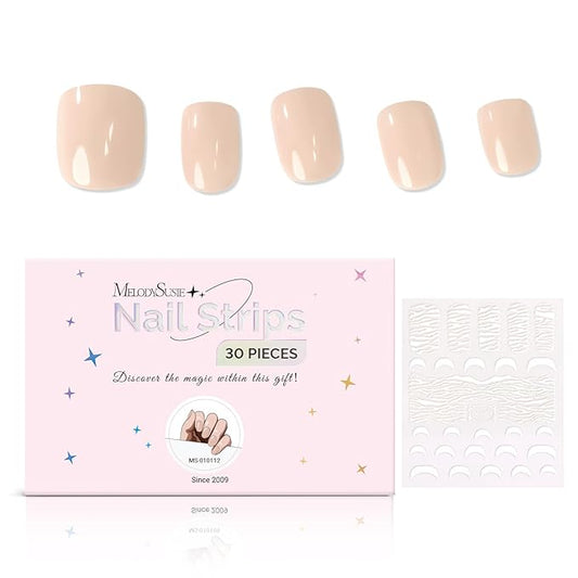 MelodySusie 30PCS Semi Cured Gel Nail Strips, Beige, Salon Quality, Long Lasting, Easy Apply & Remove, Includes 2 Prep Pads, Nail File & Wooden Stick