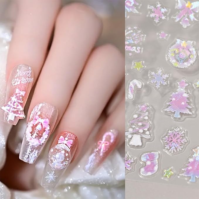 Christmas Nail Art Stickers 3D Cute Santa Claus Nail Stickers Pink White Snowmen Snowflake Nail Design Sticker Self-Adhesive Winter Christmas Tree Nails Decals for Women DIY Nails Supplies 6 Sheets