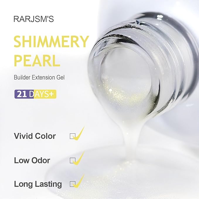 RARJSM Pearlescent Gel Builder Nail Polish Pearl White Gold Glitter Hard Gel in a Bottle Mermaid Shell Shimmer Thick Extension Structure Gels for Nails 15ml Soak Off Curing Requires Salon Home DIY