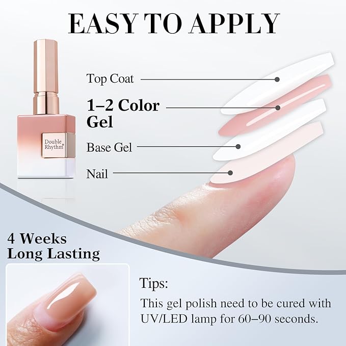 Double Rhythm 0.5Oz Translucent Gel Polish Sheer Neutral Natural Light Milky Same Color Same Bottle 15ML Jelly Art DIY at Home (Neutral Nude Pink-A1368)
