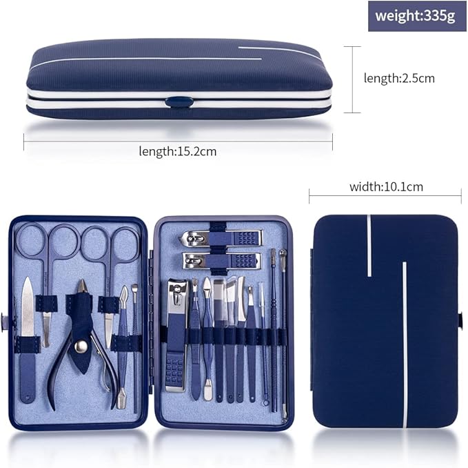 Multifunction Nail Clipper Set Pedicure Cutter Nail File Scissors Kit with Travel Case Stainless Steel Blue Manicure Set Tools (Color : 18pcs-Blue)